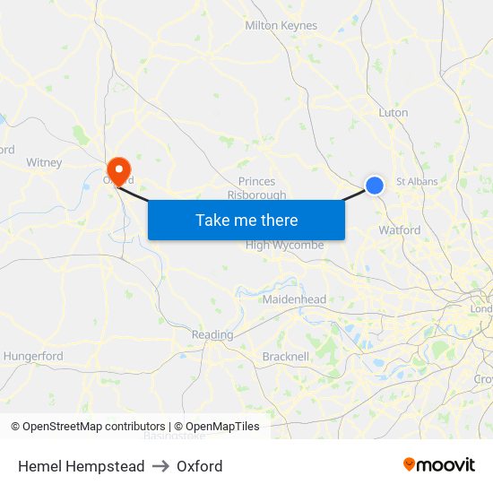 Hemel Hempstead to Oxford map