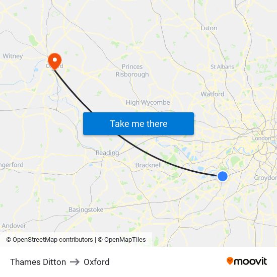 Thames Ditton to Oxford map