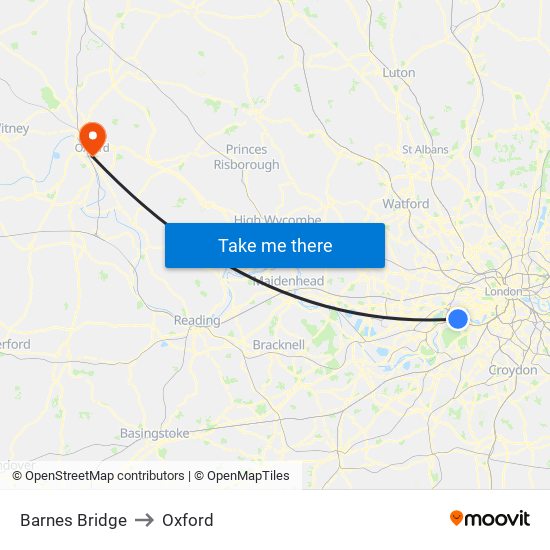 Barnes Bridge to Oxford map