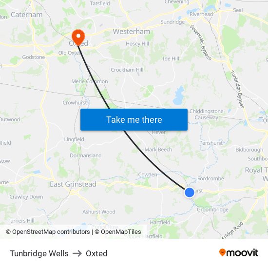 Tunbridge Wells to Oxted map