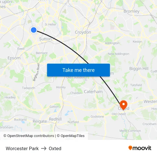 Worcester Park to Oxted map