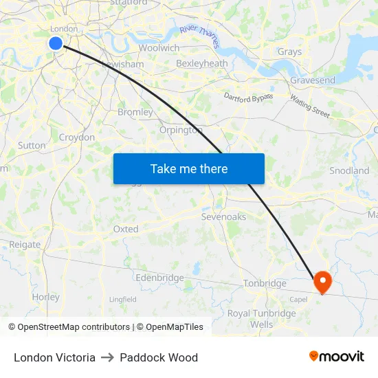 London Victoria to Paddock Wood map