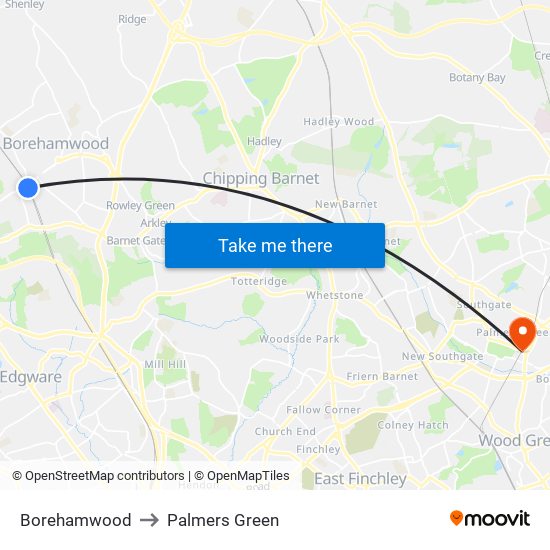 Borehamwood to Palmers Green map