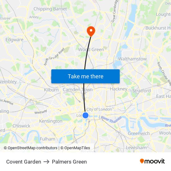 Covent Garden to Palmers Green map