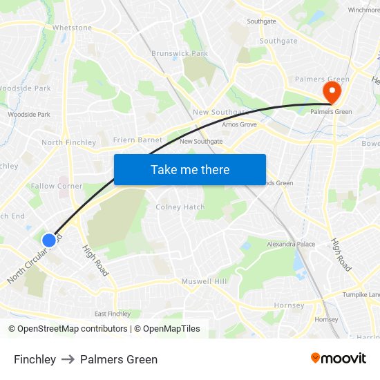 Finchley to Palmers Green map