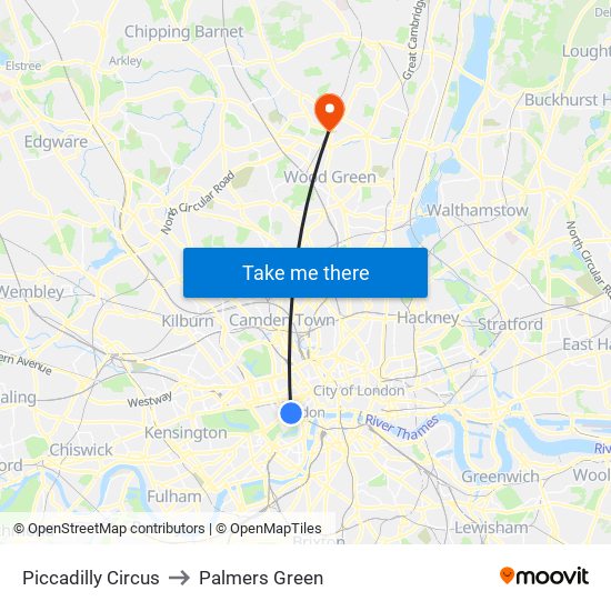 Piccadilly Circus to Palmers Green map