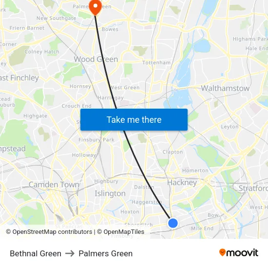 Bethnal Green to Palmers Green map