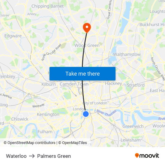 Waterloo to Palmers Green map