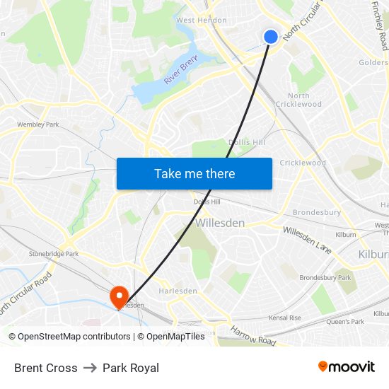 Brent Cross to Park Royal map