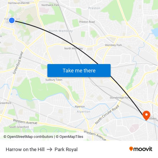 Harrow on the Hill to Park Royal map