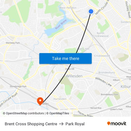 Brent Cross Shopping Centre to Park Royal map