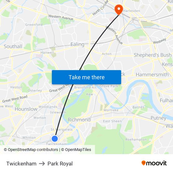 Twickenham to Park Royal map