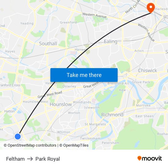 Feltham to Park Royal map