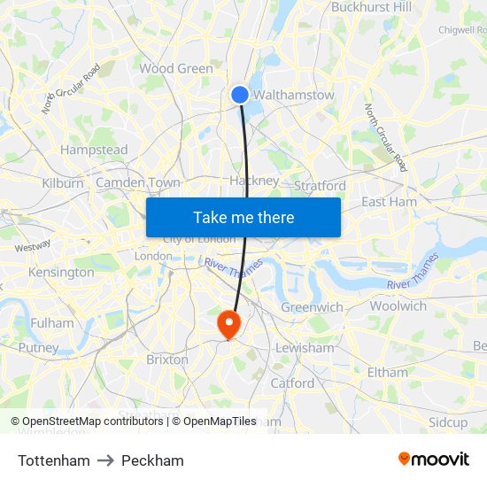 Tottenham to Peckham map
