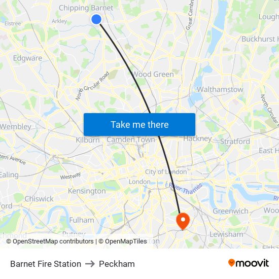 Barnet Fire Station to Peckham map