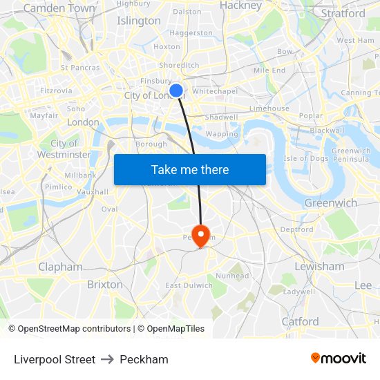 Liverpool Street to Peckham map