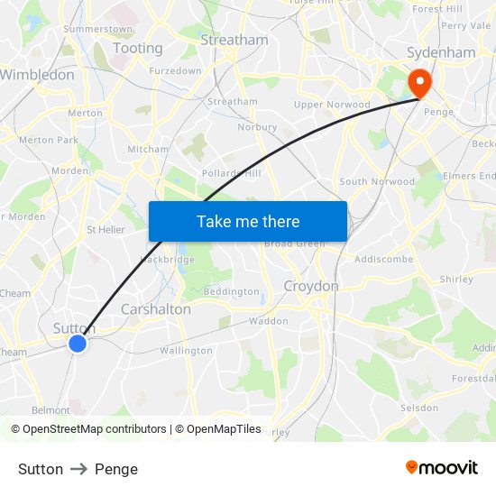 Sutton to Penge map