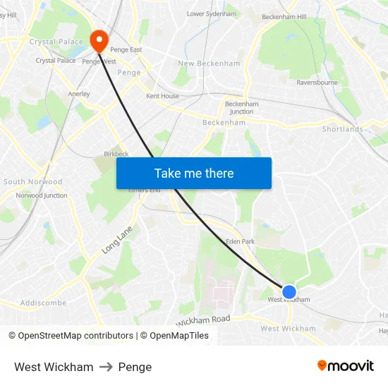 West Wickham to Penge map