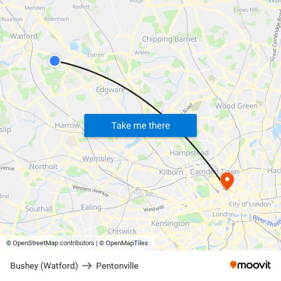 Bushey (Watford) to Pentonville map