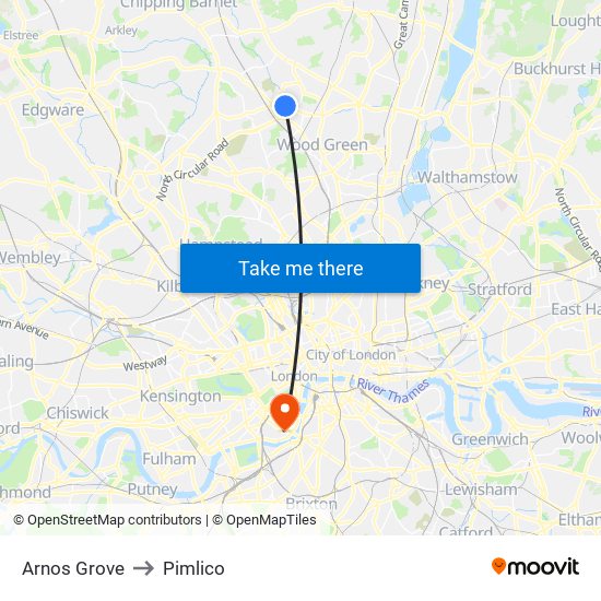 Arnos Grove to Pimlico map