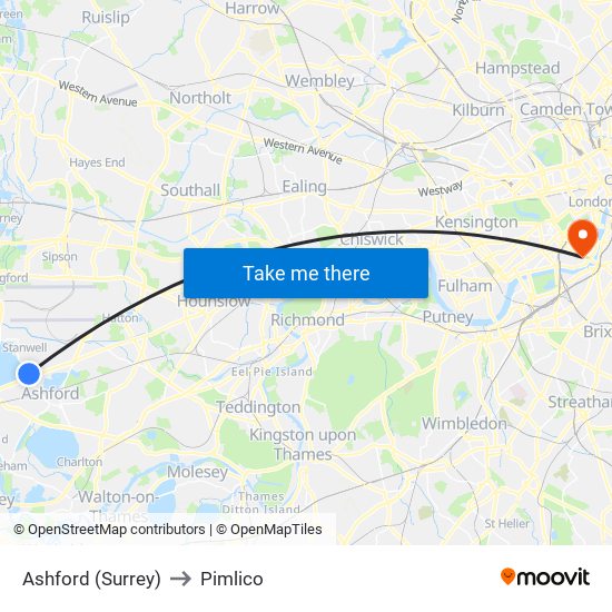 Ashford (Surrey) to Pimlico map