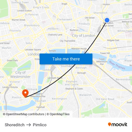 Shoreditch to Pimlico map