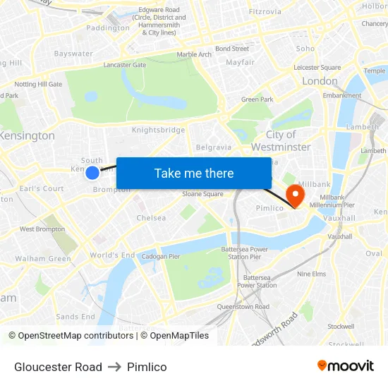 Gloucester Road to Pimlico map