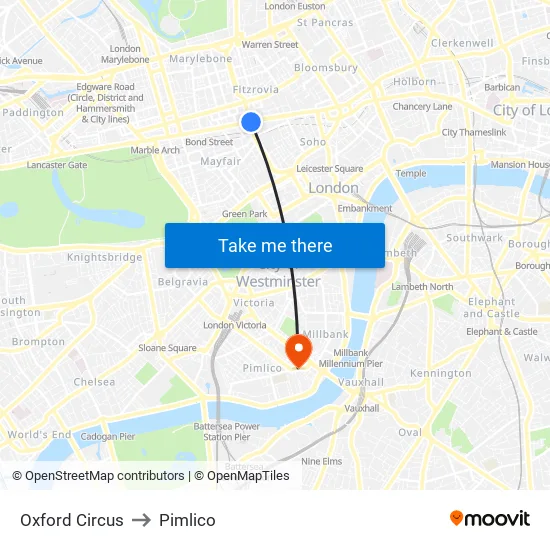 Oxford Circus to Pimlico map