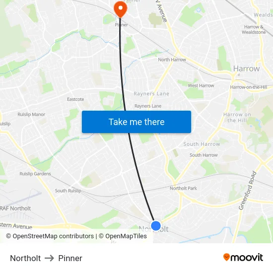 Northolt to Pinner map