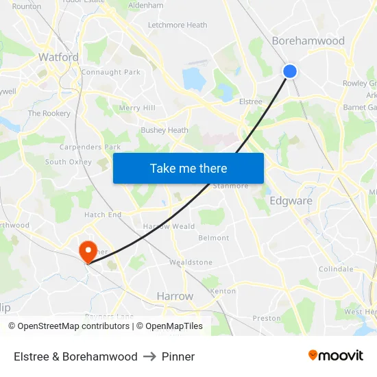 Elstree & Borehamwood to Pinner map