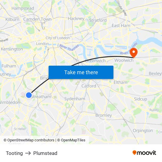 Tooting to Plumstead map