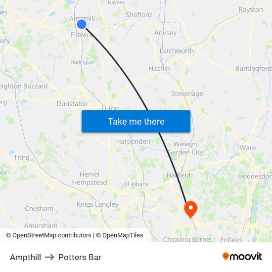 Ampthill to Potters Bar map