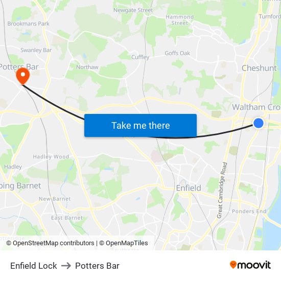 Enfield Lock to Potters Bar map