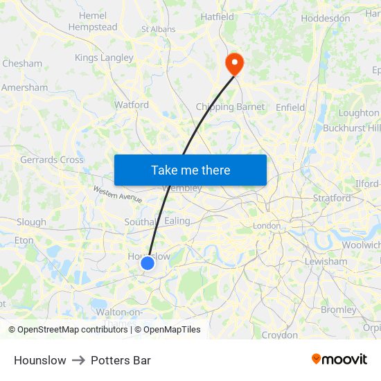 Hounslow to Potters Bar map