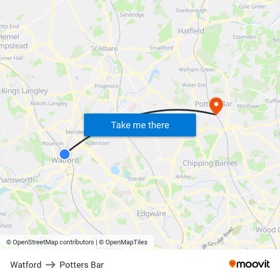 Watford to Potters Bar map