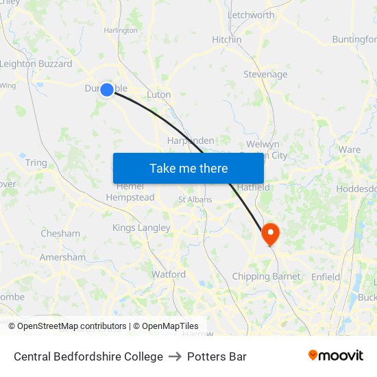 Central Bedfordshire College to Potters Bar map