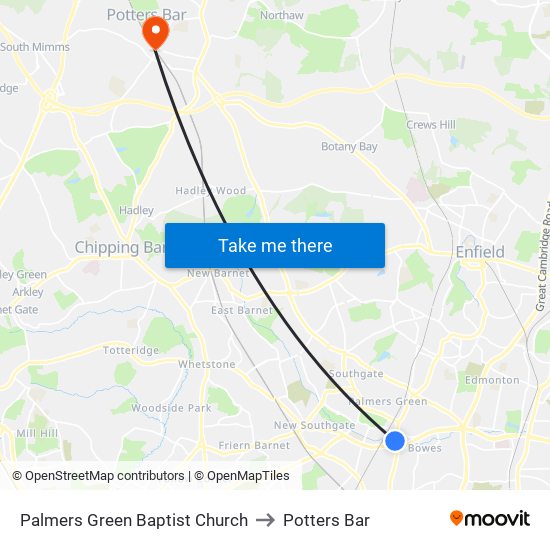 Palmers Green Baptist Church to Potters Bar map