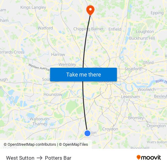 West Sutton to Potters Bar map