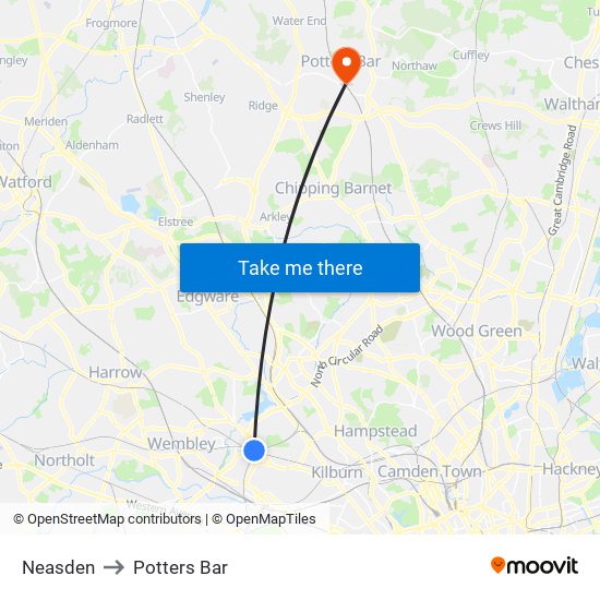 Neasden to Potters Bar map