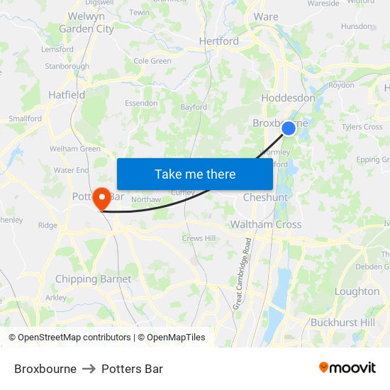 Broxbourne to Potters Bar map