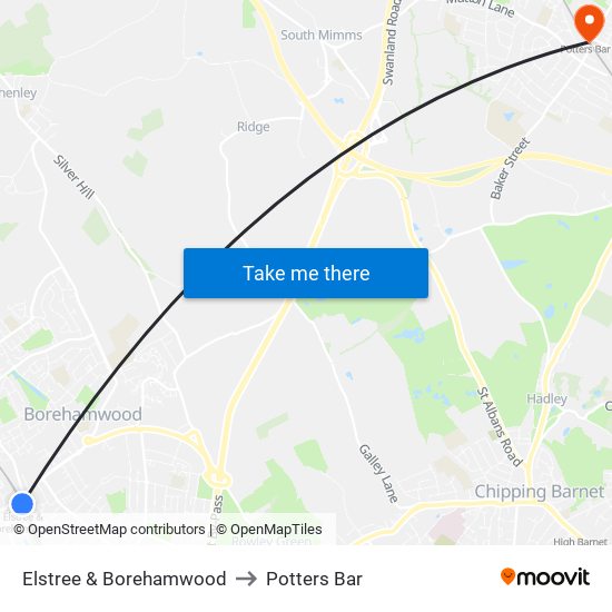 Elstree & Borehamwood to Potters Bar map