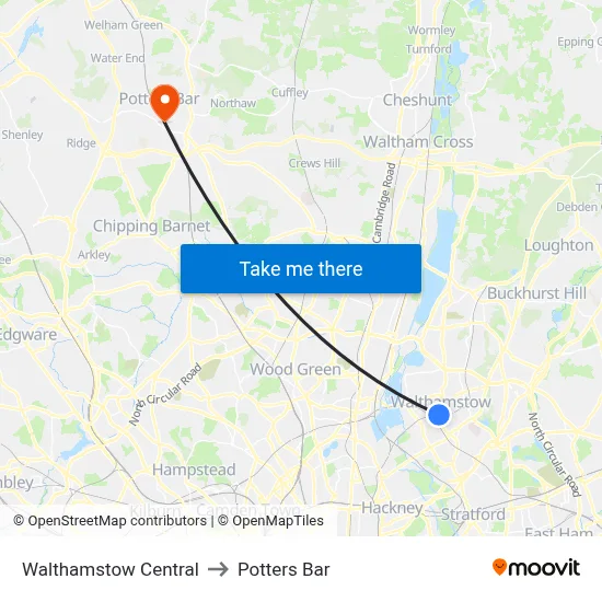 Walthamstow Central to Potters Bar map