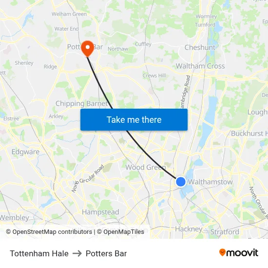 Tottenham Hale to Potters Bar map