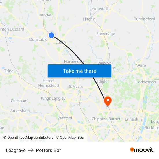 Leagrave to Potters Bar map