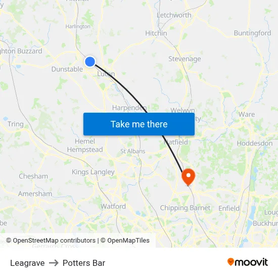 Leagrave to Potters Bar map