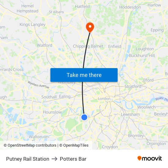 Putney Rail Station to Potters Bar map