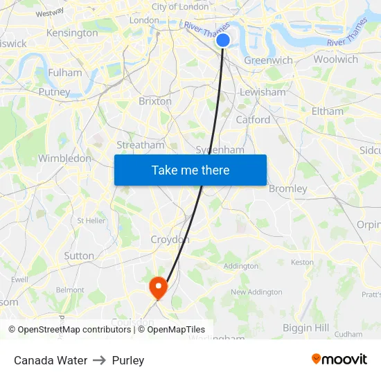Canada Water to Purley map