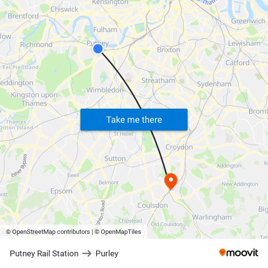 Putney Rail Station to Purley map