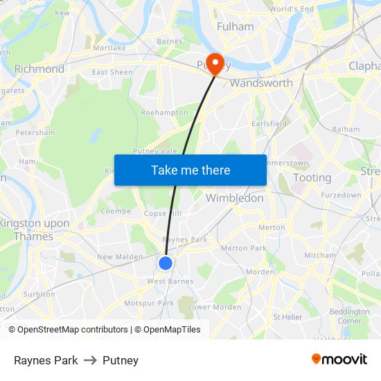 Raynes Park to Putney map