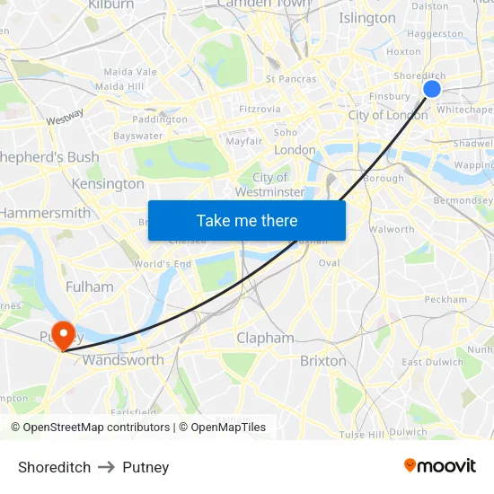 Shoreditch to Putney map